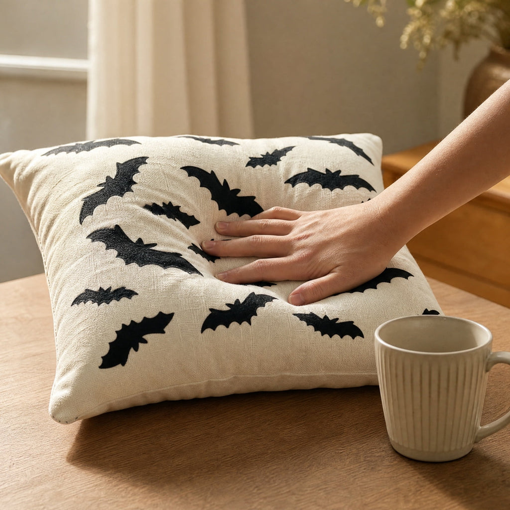 Yeciiwht Halloween Throw Pillow Cover – 18*18inch Embroidered Linen Cushion Case with Ghost, Mummy & Bat Designs, Invisible Zipper, Machine Washable