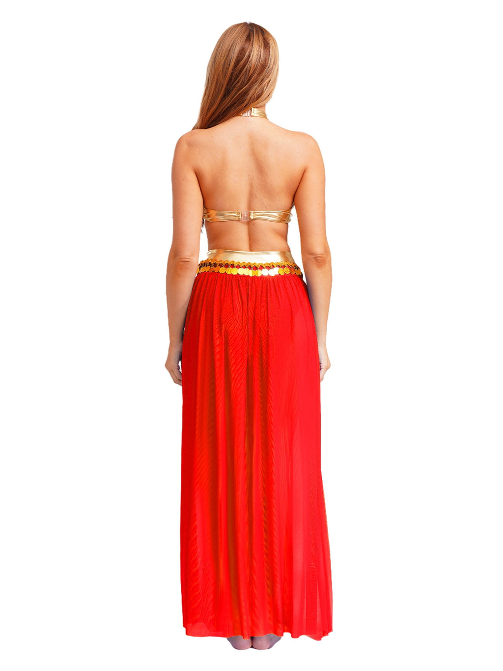 YiZYiF Women's Belly Dance Costume Halter Crop Top with Sequin Tassel Split Mesh Long Skirt 2Pcs Set Red A S