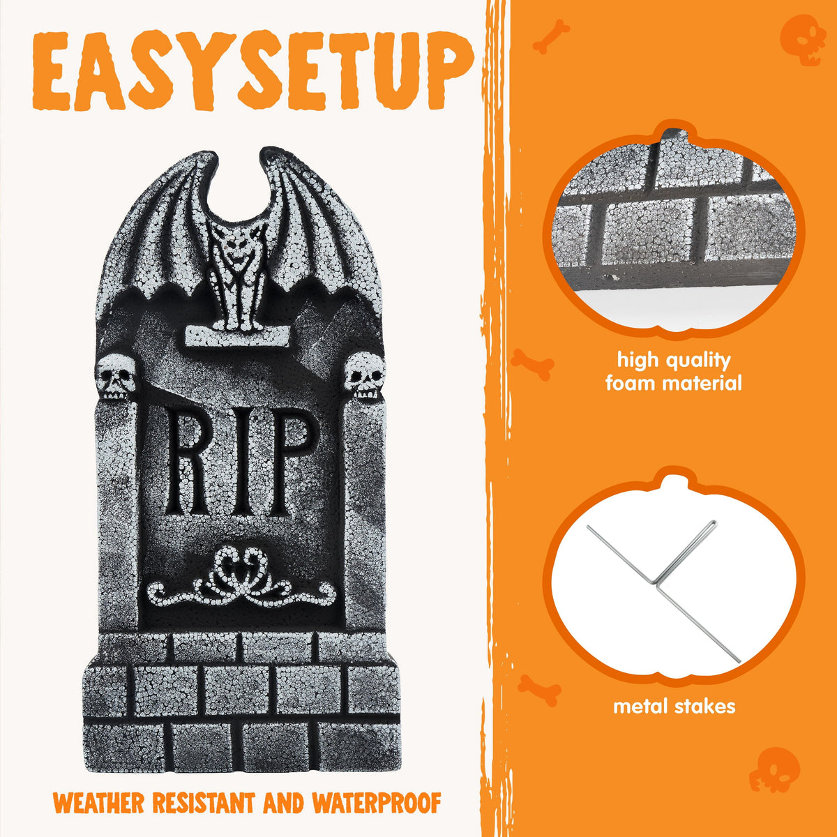 Joyfy 17" Halloween 5 Pack Tombstone Decorations, Foam RIP Graveyard Signs Cemetery Headstones Scary Outdoor Indoor Halloween Decor with 12 Metal Stakes for Easy Set Up, Waterproof for Garden Lawn
