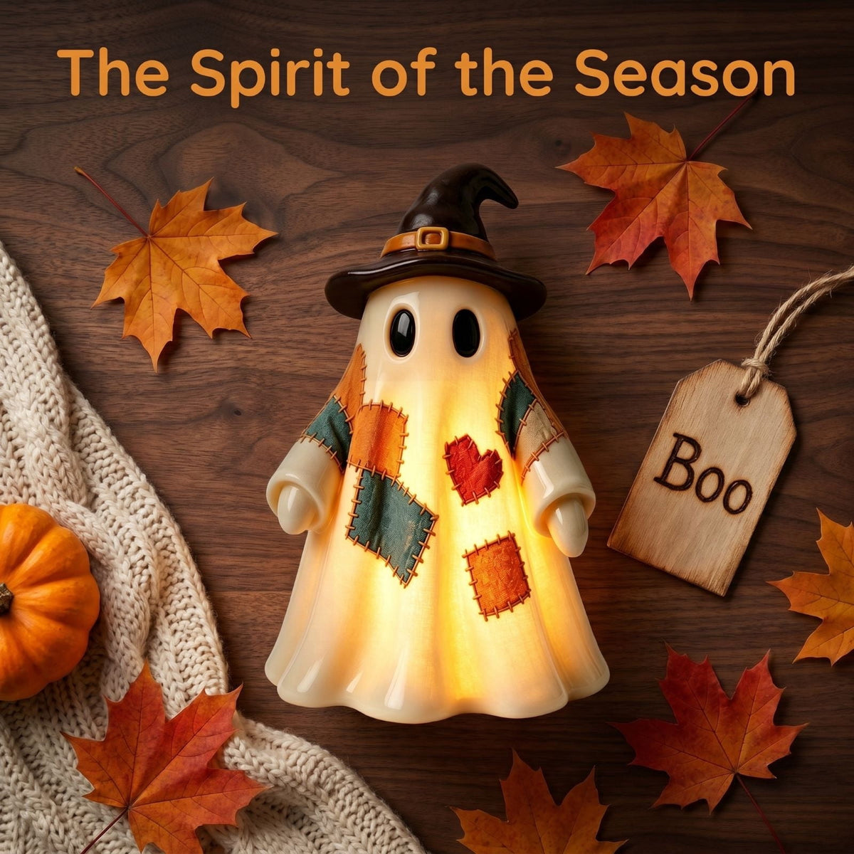 Lighted Vintage Patchwork Ghost, Rustic Farmhouse Halloween LED Light Up Ghost with Pumpkin Lantern, Spooky Cute Fall Decor for Mantel, Shelf, Tiered Tray, Entryway Porch Tabletop