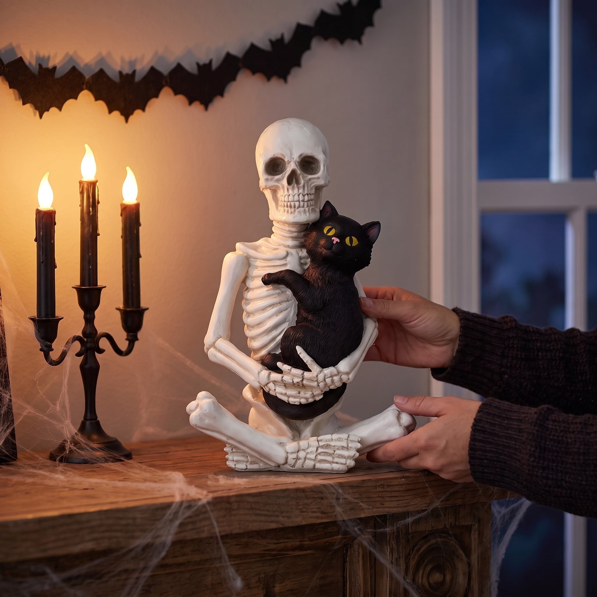 Skeleton and Cat Decoration, Black and White, 7", Halloween by Way To Celebrate
