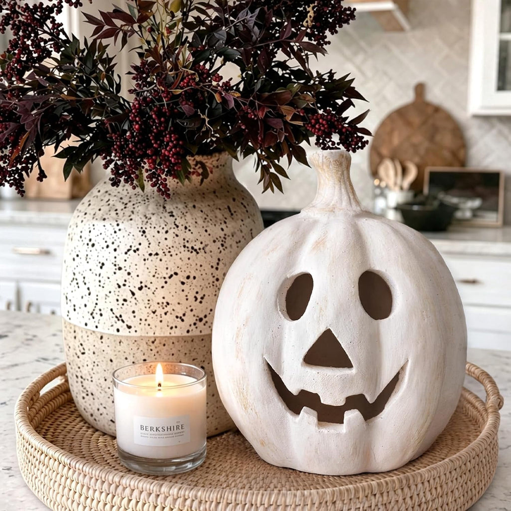 Fall Decorations for Home - Halloween Decor Indoor - 7.87" H White Handmade Resin Pumpkin Jack O' Lantern with Flameless Candle - Outdoor Decoration for Front Door Porch Mantel Kitchen Living Room
