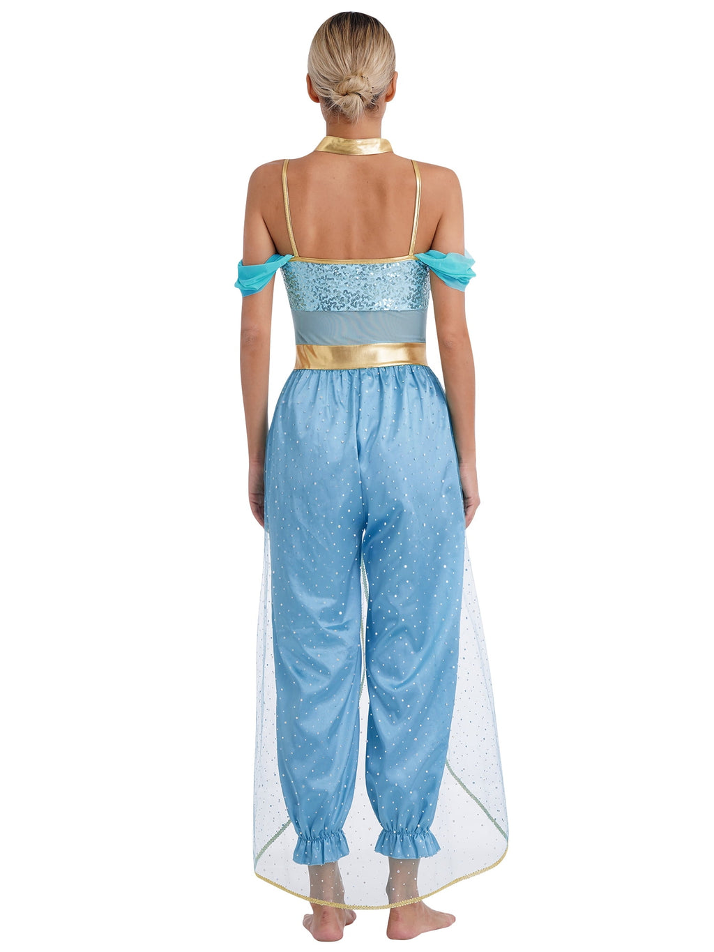 YiZYiF Women's Arabian Princess Dance Costume Halloween Party Fancy Dress Shiny Belly Dance Jumpsuit Turquoise B M