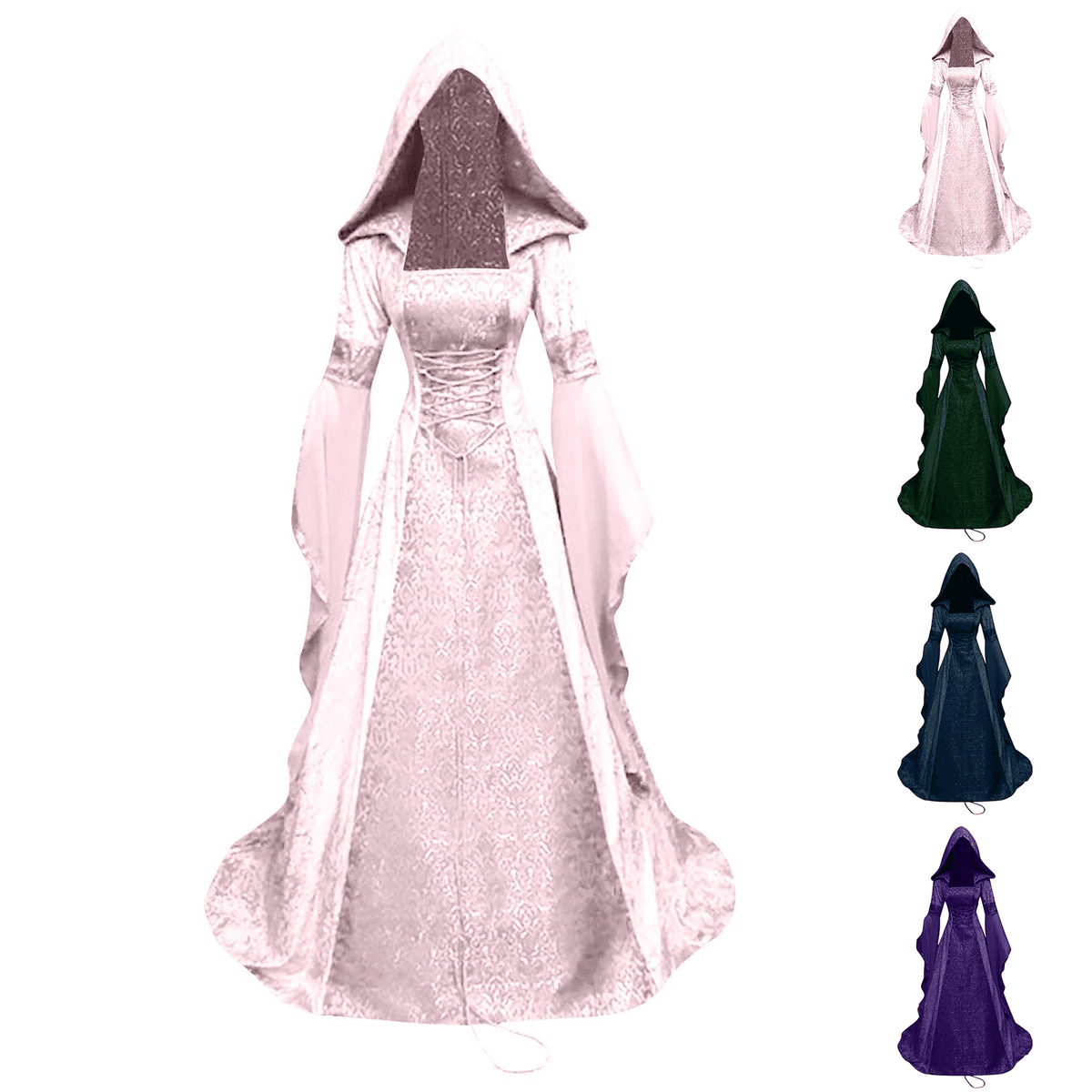 Medieval Renaissance Hooded Dress for Women, Silver Gothic Witch Costume with Lace-Up Corset, Vintage Velvet Long Sleeve Gown for Halloween Cosplay Renaissance Wedding Themed Party-Dark Blue/L