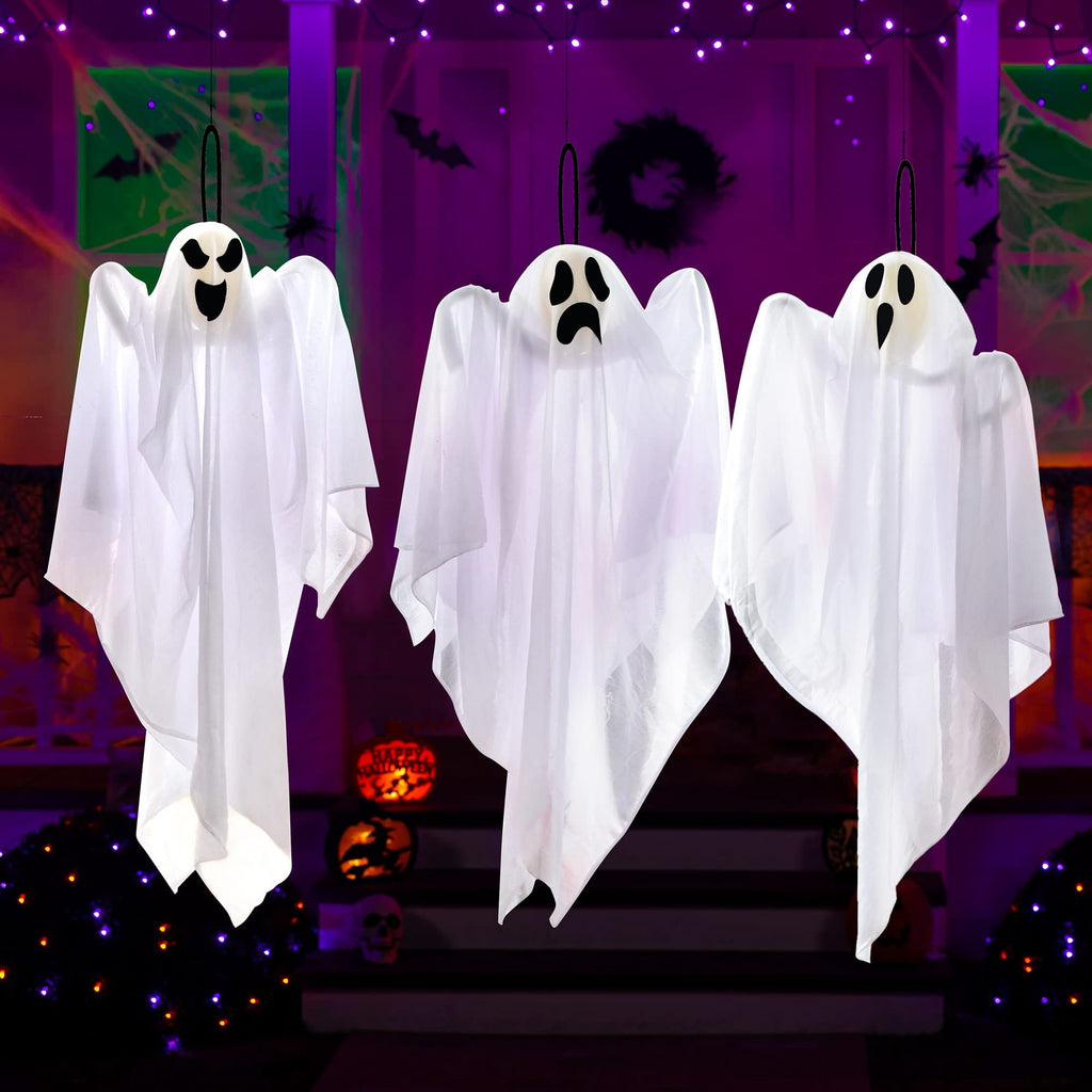 Joyfy 3 Pack Halloween Hanging Ghosts Decorations,27.5" Cute Scary Flying Ghosts Outdoor Hanging Halloween Decorations Yard Decorations