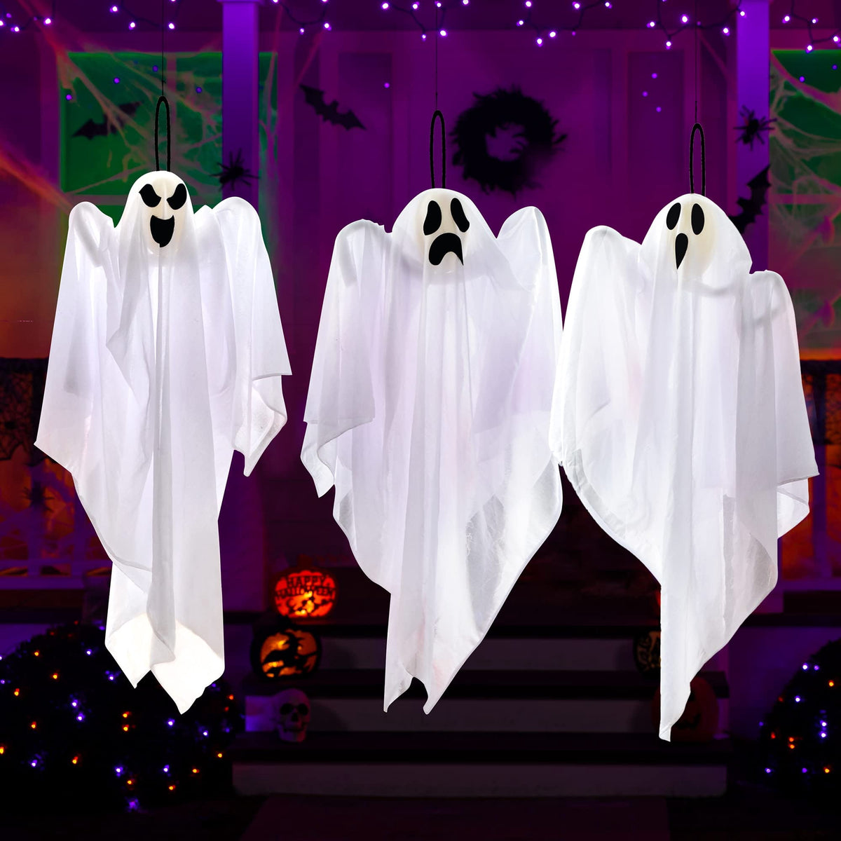 Joyfy 3 Pack Halloween Hanging Ghosts Decorations,27.5" Cute Scary Flying Ghosts Outdoor Hanging Halloween Decorations Yard Decorations