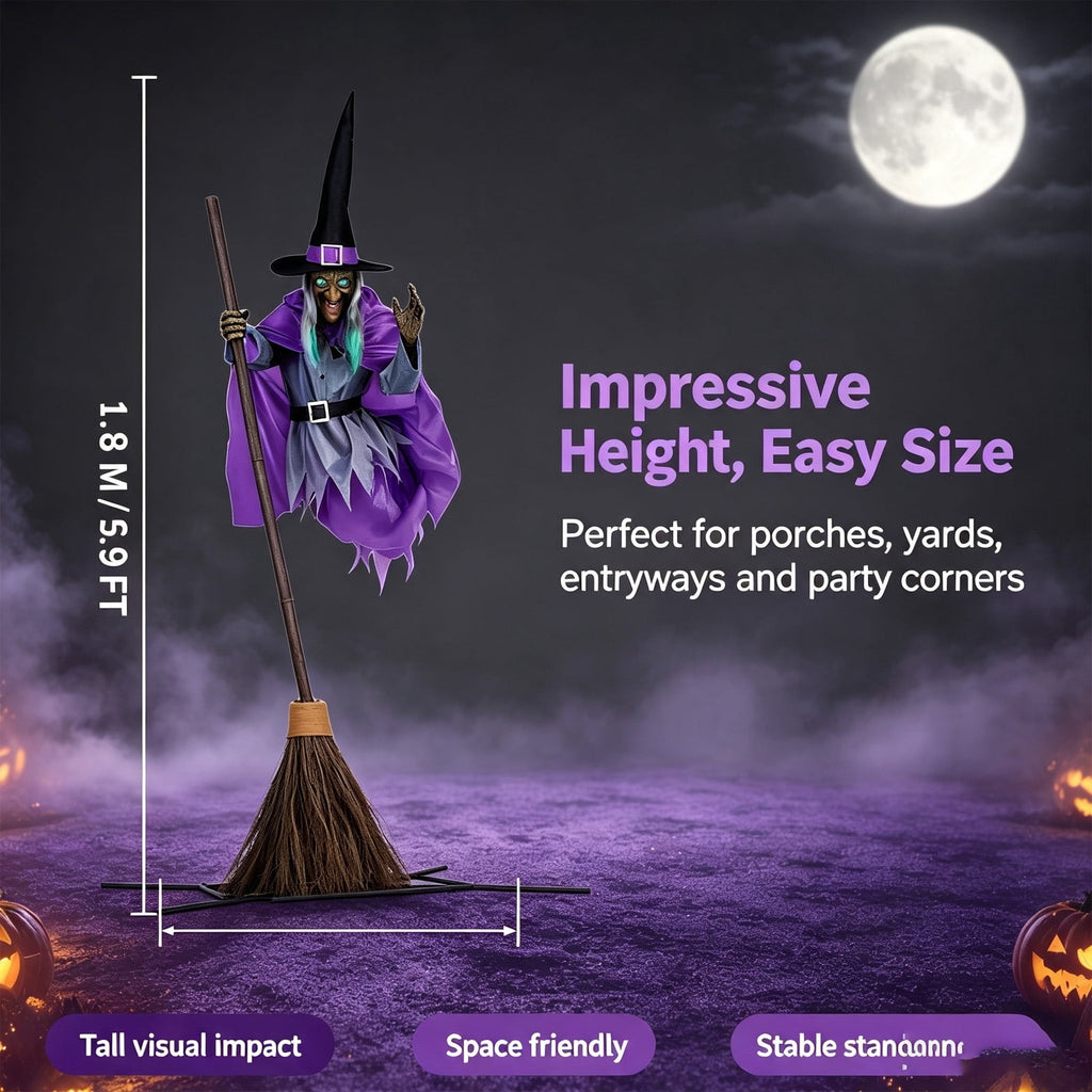Halloween Flying Witch on Broom Decorations, 6 FT Animated Hovering Witch Animatronics Holding Sweeper Props with Scary Sounds and Lights, House Decor for Outside Indoor Garden Yard Lawn