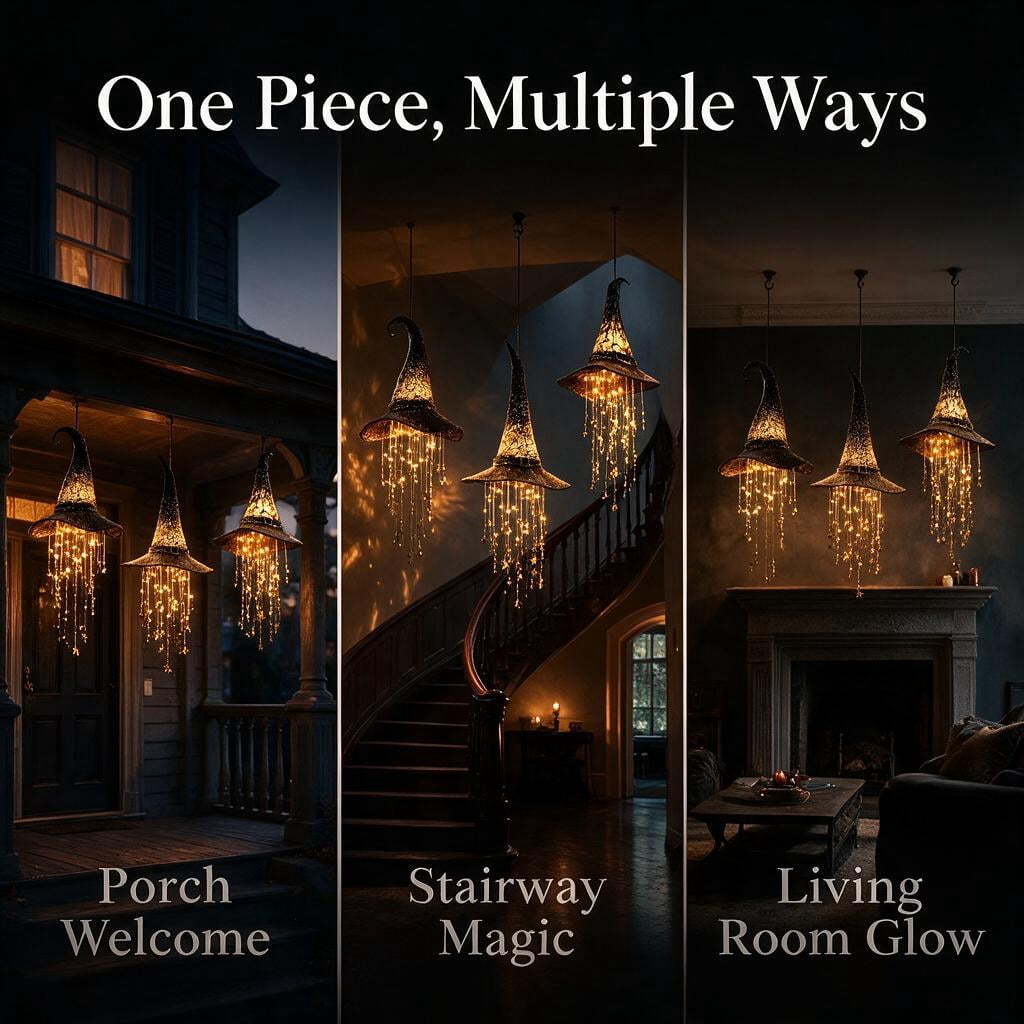 Lighted Witch Hat Hanging Decor, LED Halloween Witch Hat Decoration with Star Tassels for Porch, Window & Indoor Outdoor Holiday Display