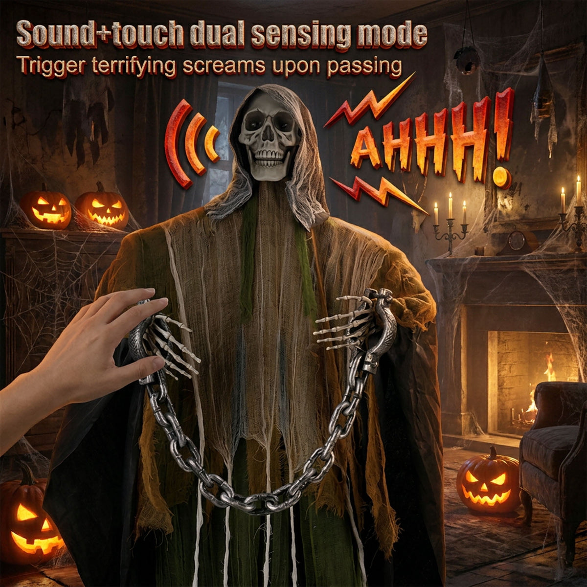 Magotan 6ft Halloween Outdoor Skeleton Ghost Decorations, Sound Controlled Swinging Scary Skeleton Ghost Halloween Decoration for Outdoor Garden Porch Yard Decor,Red