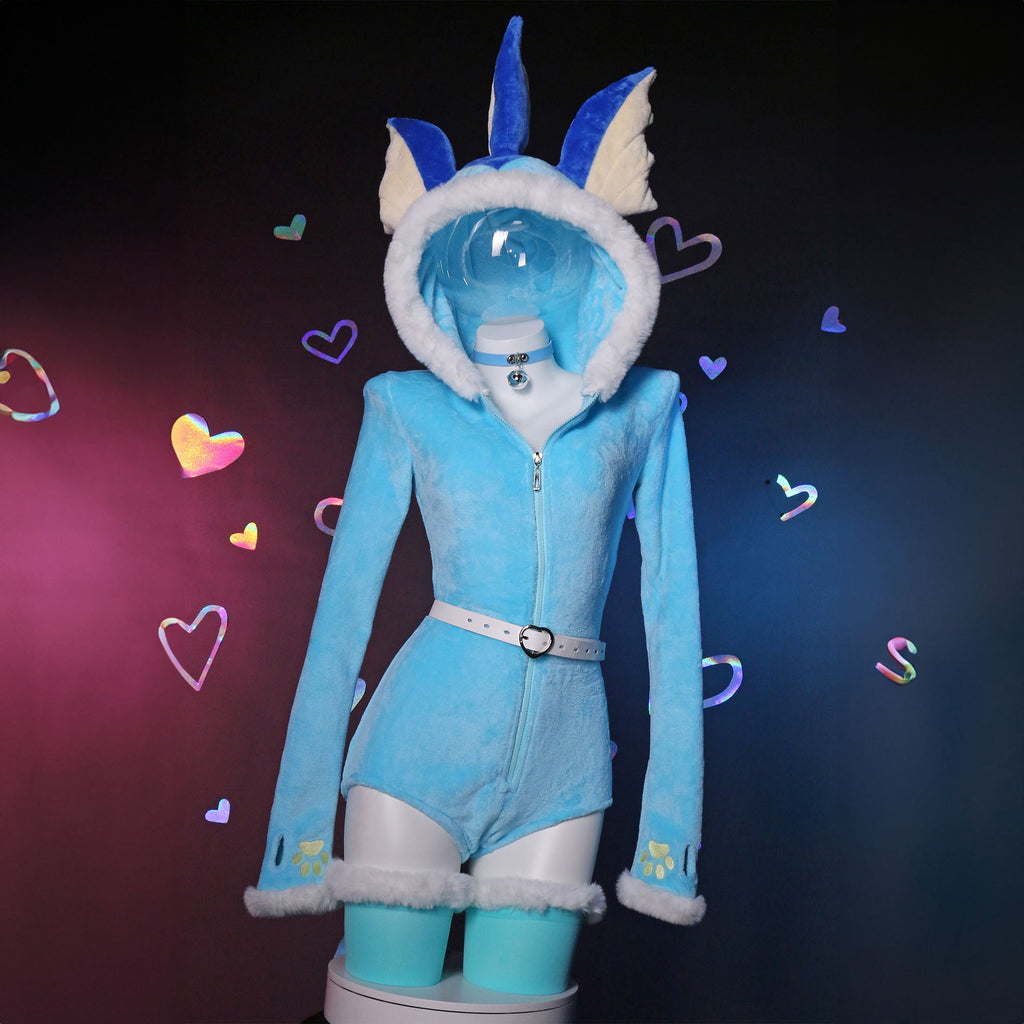 Women sexy Fluffy Hooded Bodysuit Halloween Deep V Kawaii One Piece Lingerie Rompers with Choker and Socks