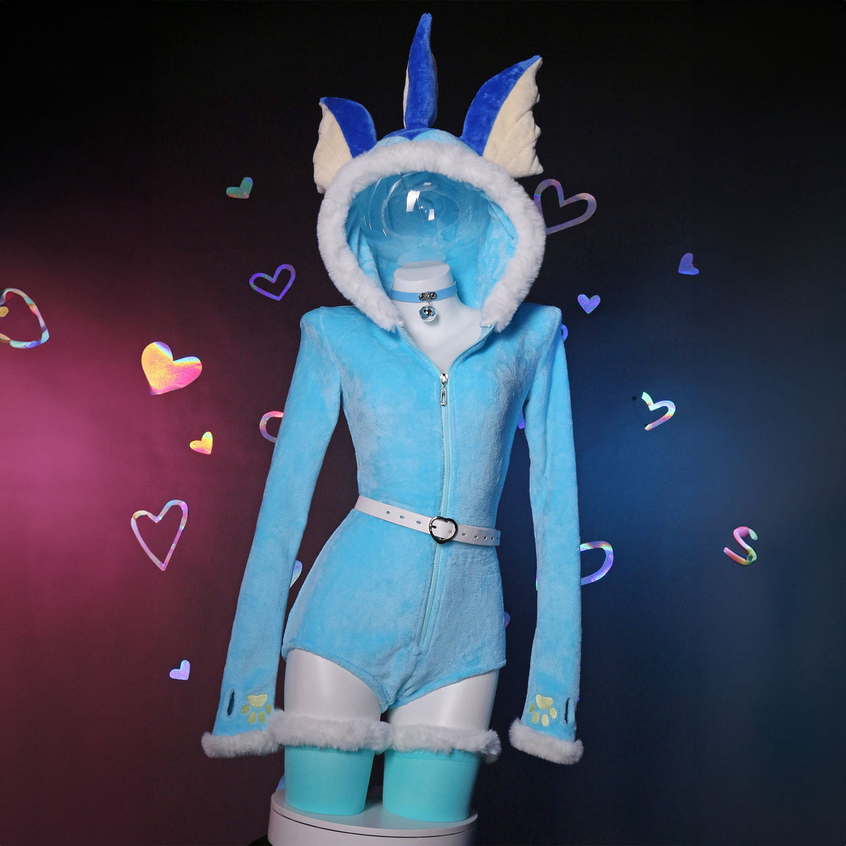 Women sexy Fluffy Hooded Bodysuit Halloween Deep V Kawaii One Piece Lingerie Rompers with Choker and Socks