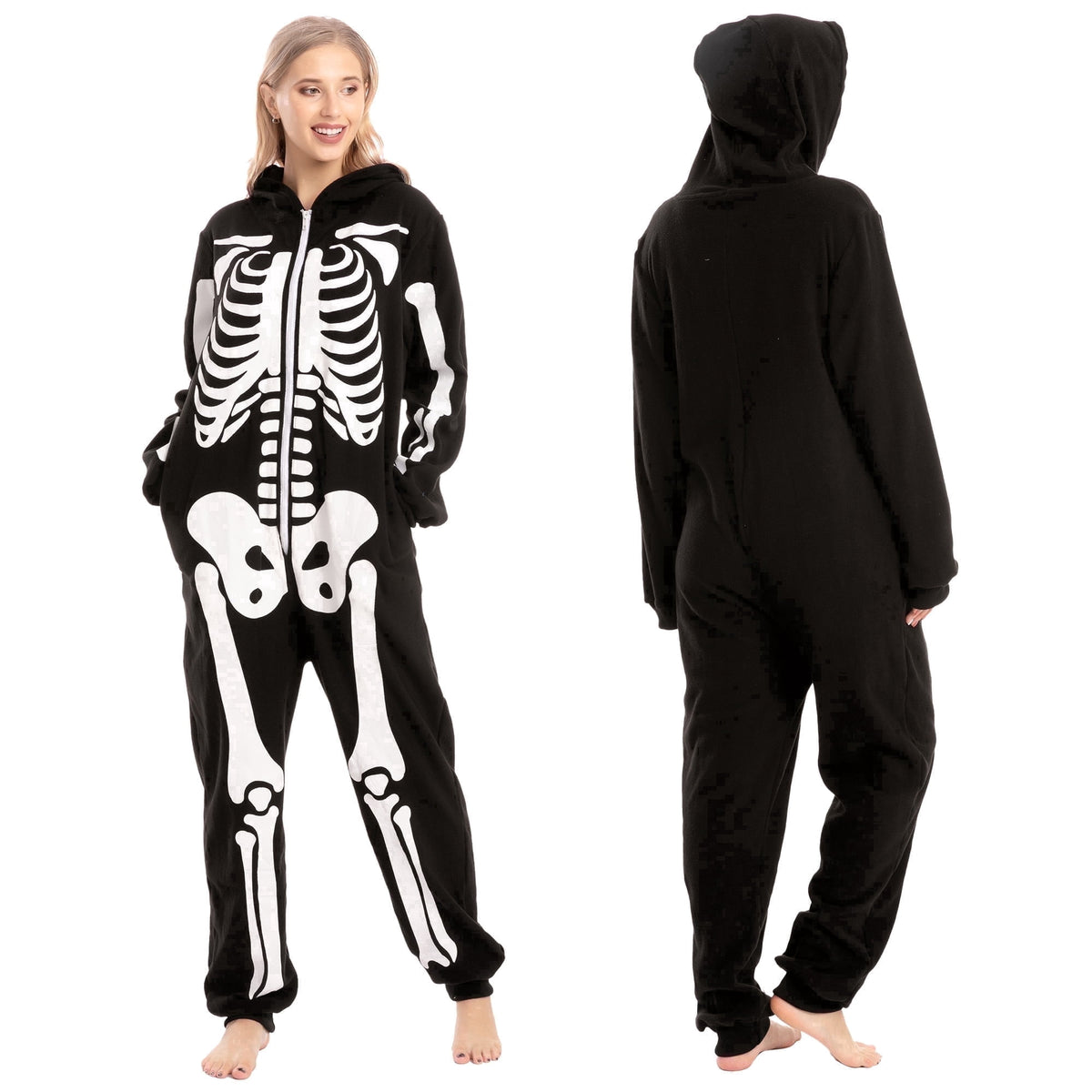 Joyfy Skeleton Costume for Adult Unisex Zip-Up Hooded Jumpsuit Pajama for Halloween Party Cosplay and Themed Events