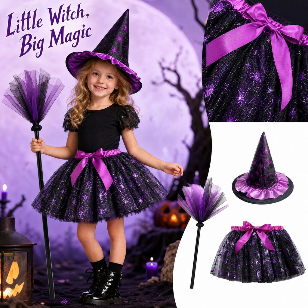 choiix Witch Tutu Skirt and Hat Set with Broomstick Halloween Costume Outfit with Printed Tulle Skirt and Witch Hat Cosplay Outfit for Party 100