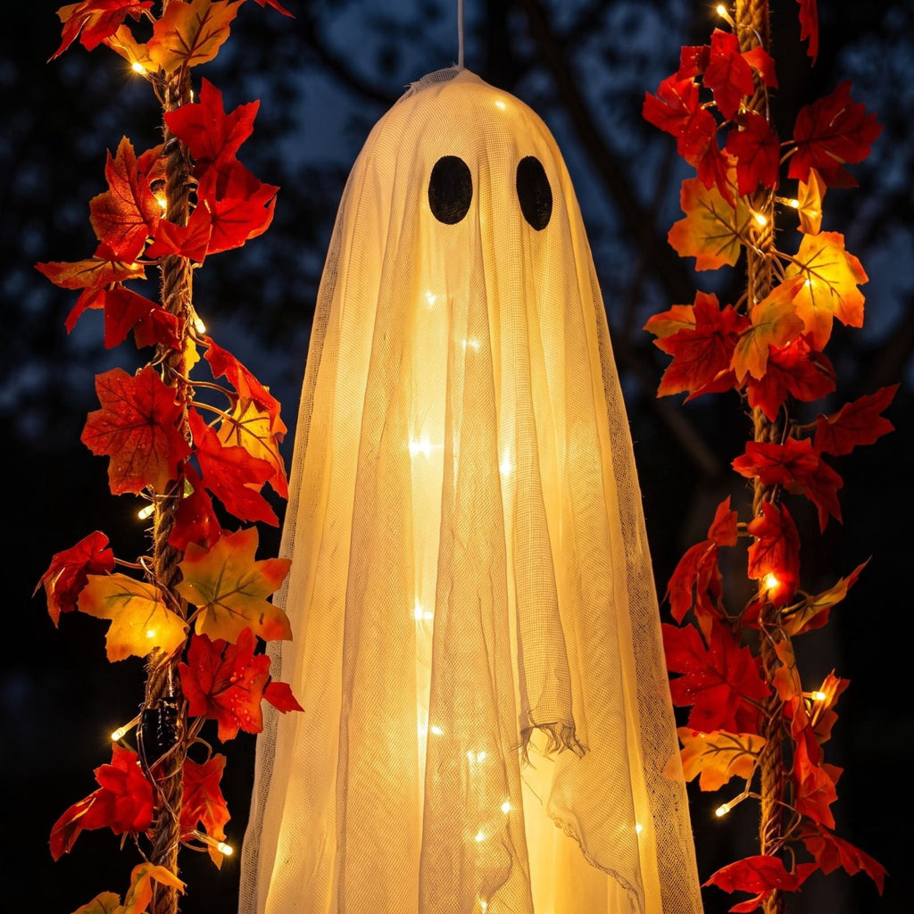 Outdoor Halloween Decorations Large Hanging Ghost and Witch Broom with Lights, Spooky and Cute Ghost Decor for the Front Porch, Yard