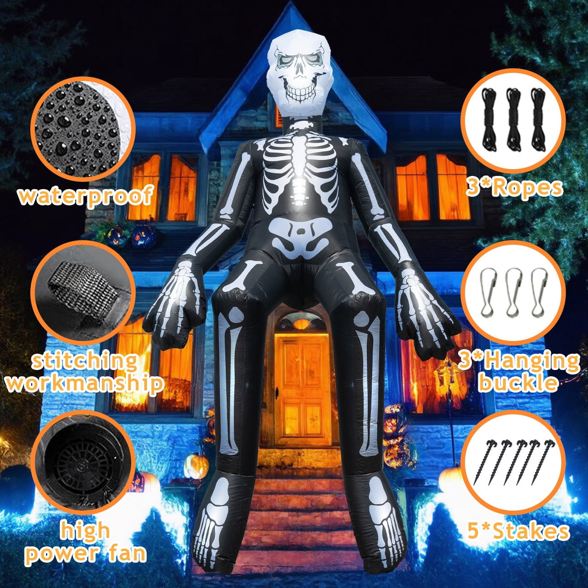 Coolmade 10.5 ft Sitting Skeleton Halloween Inflatable, Built‑in LED Lights, Blow‑Up Yard Outdoor Decoration