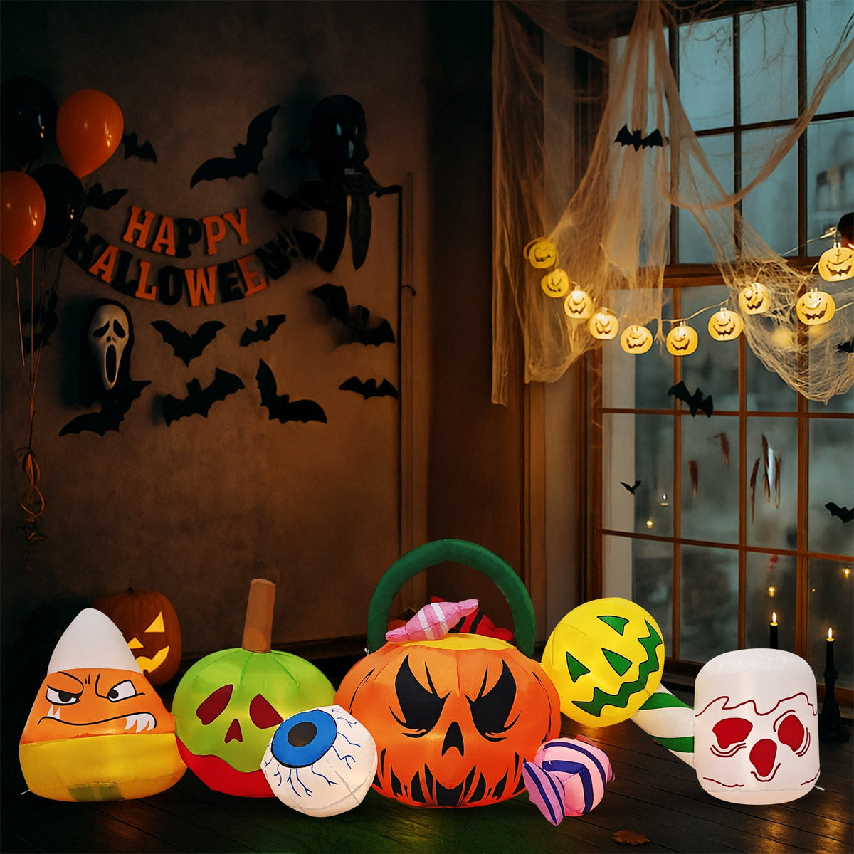 8FT Long Halloween Inflatables Pumpkins Eyeball Candy Outdoor Decorations, Blow Up Yard Decoration with Built-in LEDs Lighted for Lawn Garden Outside Indoor Decor