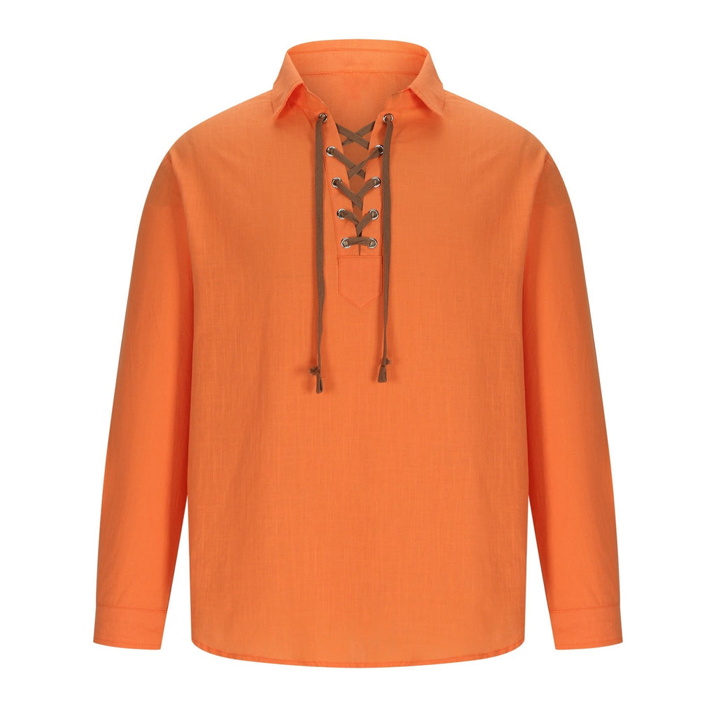 YLSDY Men's Medieval Renaissance Pirate Shirt Vintage Linen Tunic Tops V-Neck Long Sleeve Lace-Up Loose Fit Blouse Orange XXXL