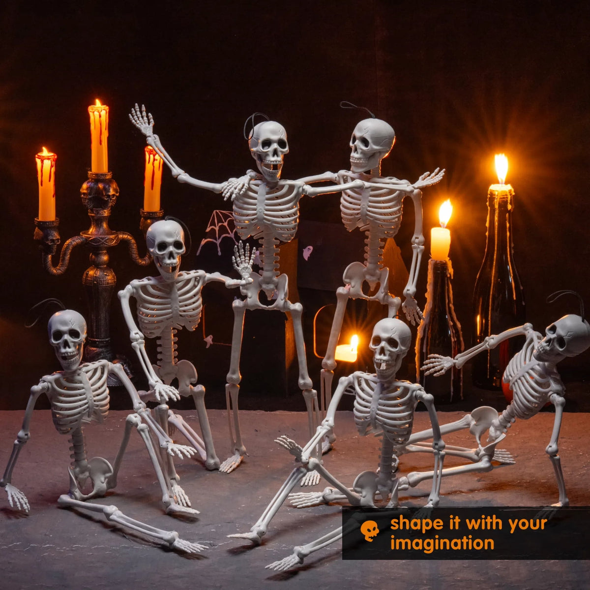 Joyfy 5 Pcs Halloween Skeleton Decorations,16 inch Full Body Poseable Skeleton with Movable Joints for Halloween Indoor Outdoor Party,Graveyard,Haunted House Accessories,White