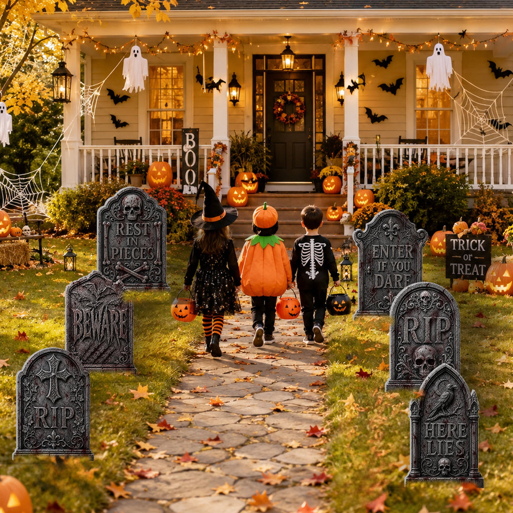Yalumo Halloween Tombstone Decorations Outdoor, 6 PCS 17" Graveyard Tombstones with Stakes for Lawn Garden Cemetery Halloween Party Decor
