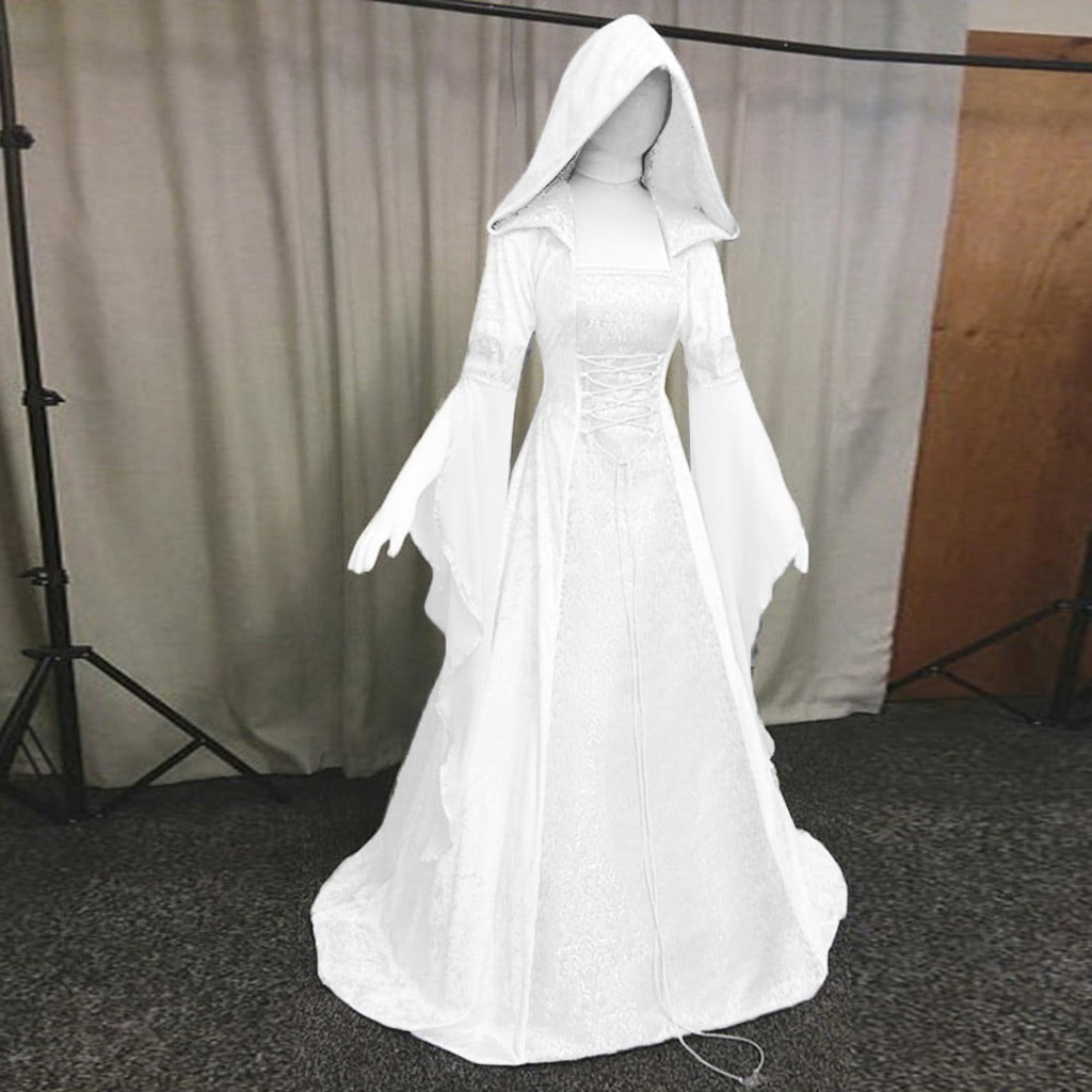 Medieval Renaissance Hooded Dress for Women, Silver Gothic Witch Costume with Lace-Up Corset, Vintage Velvet Long Sleeve Gown for Halloween Cosplay Renaissance Wedding Themed Party-Dark Blue/L