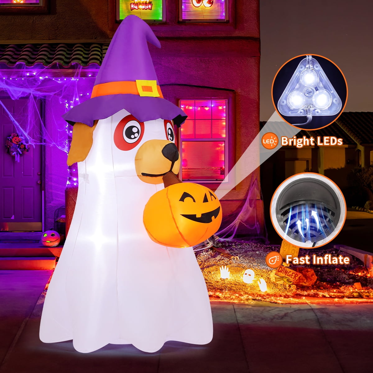 GOOSH Halloween Inflatables 6 FT Inflatable Ghost Dog with Pumpkin in Mouth & Witch Hat, Halloween Ghost Dog Inflatables with LED Lights, Outdoor Halloween Decorations for Halloween Holiday Party