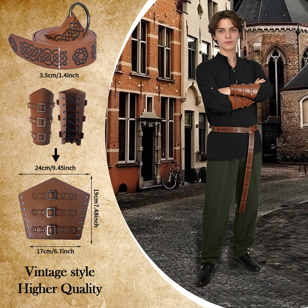 MYATED 5 Pcs Halloween Men's Renaissance Costume Set Medieval Pirate Shirt Ankle Banded Pants Viking Costume Accessories Set,Black,M