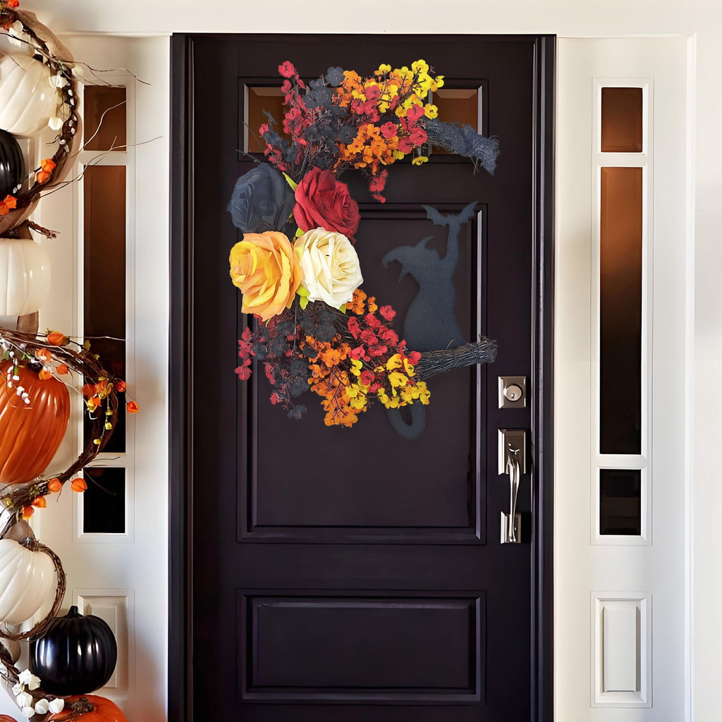 Fall Wreath 16" Halloween Wreaths for Front Door with Witch Cat Moon Decor-Cute Door Wreath Wall Decor for Fall Thanksgiving Halloween