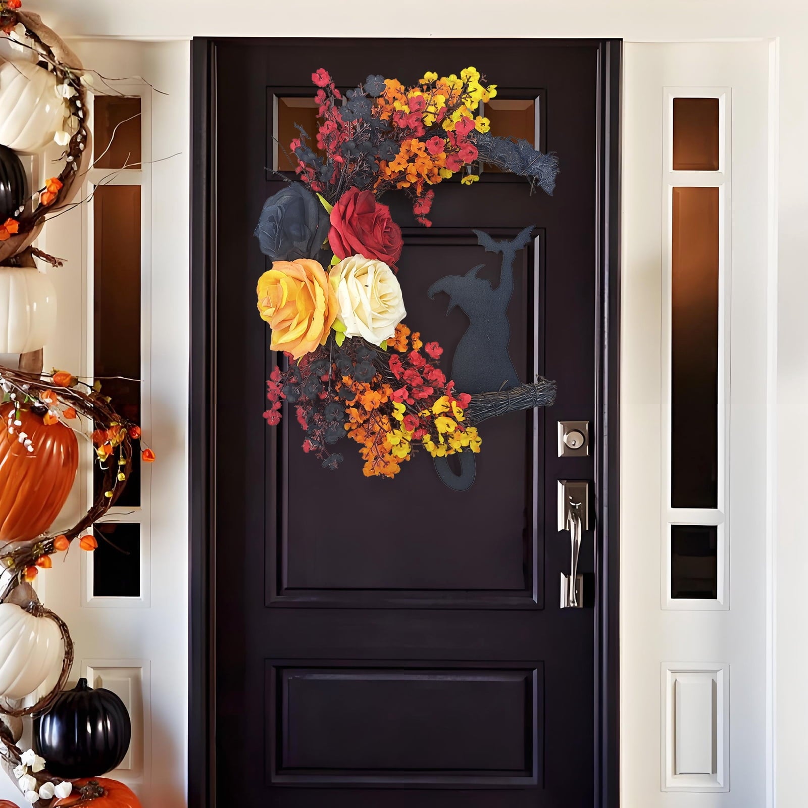 Fall Wreath 16" Halloween Wreaths for Front Door with Witch Cat Moon Decor-Cute Door Wreath Wall Decor for Fall Thanksgiving Halloween