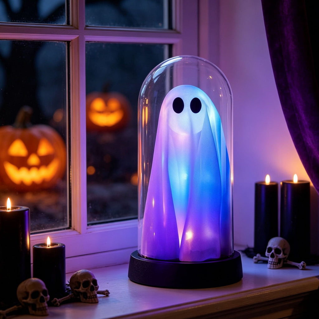 Darzheoy Halloween Decoration Ghost Cloche Lamp, with 3 Mini Figurines, Halloween Ghost Spooky, White Warm Glow, 1 Count