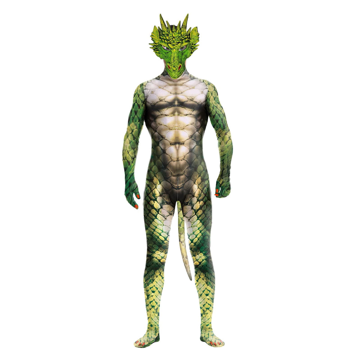 Men's Full Body Dragon Costume Bodysuit with Wings,Mask,Tail,Halloween Dragon Muscle Animal Catsuit Costume
