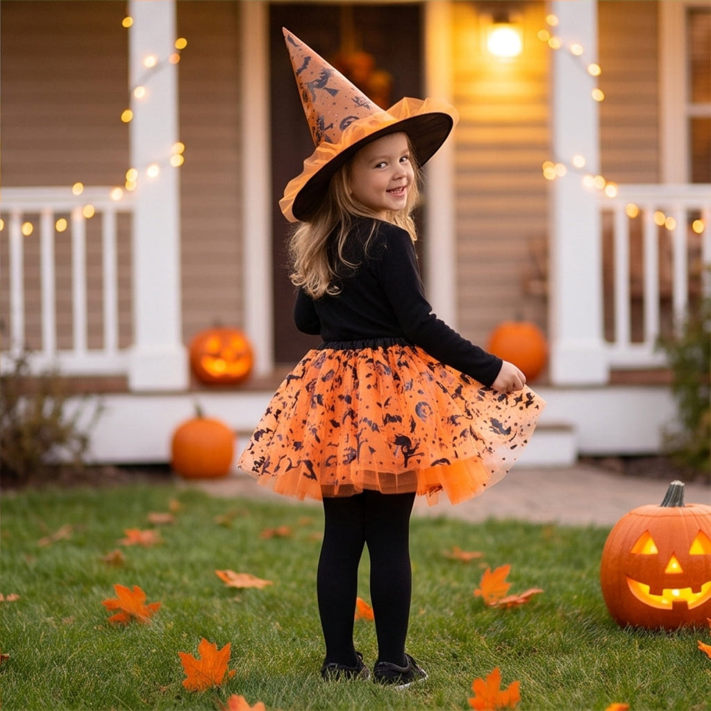 choiix Witch Tutu Skirt and Hat Set with Broomstick Halloween Costume Outfit with Printed Tulle Skirt and Witch Hat Cosplay Outfit for Party 100