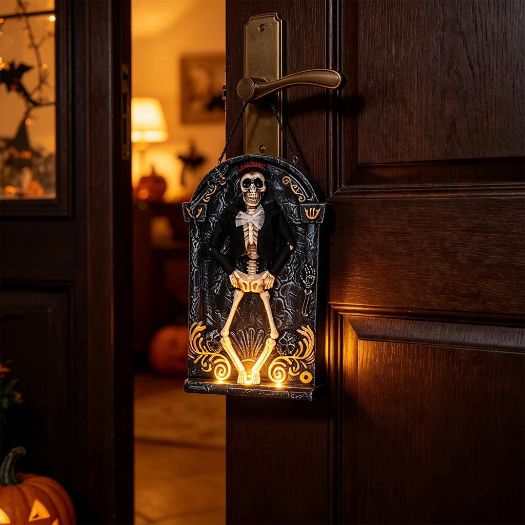 Halloween Animated Skeleton Tombstone Door Hanging Decor, Light Up Moving Skull Ornament with Warm LED, Gothic Front Door Wall Prop for Party Home
