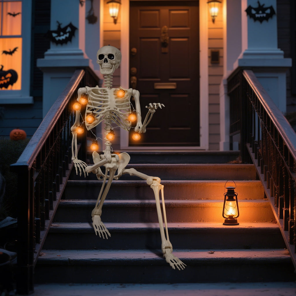5.4 ft Halloween skeleton decoration, with movable joints, flexible skeleton for poses, scary skeleton suitable for indoor and outdoor Halloween decorations, haunted houses, courtyards, cemeteries.