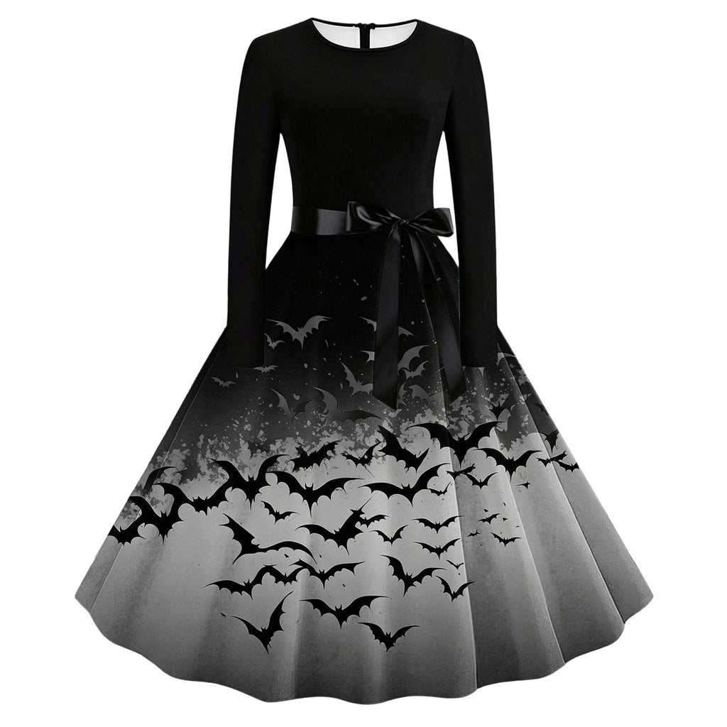 Women's Vintage Halloween Bat Print Swing Dress Long Sleeve 1950s Retro A-Line Midi Dresses with Satin Sash Belt for Gothic Cosplay Evening Prom Party