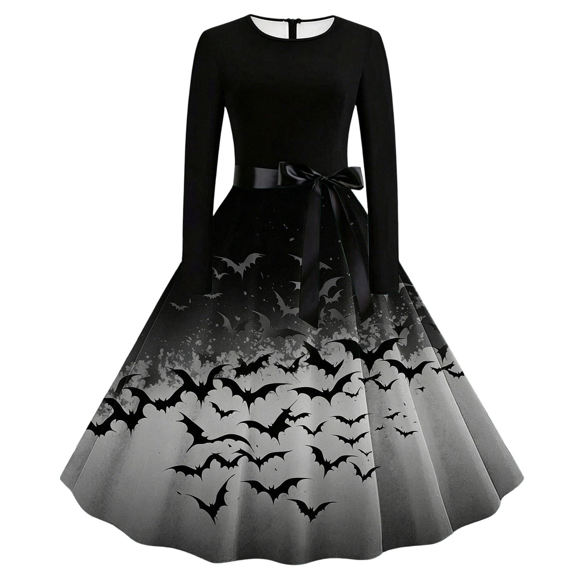 Women's Vintage Halloween Bat Print Swing Dress Long Sleeve 1950s Retro A-Line Midi Dresses with Satin Sash Belt for Gothic Cosplay Evening Prom Party