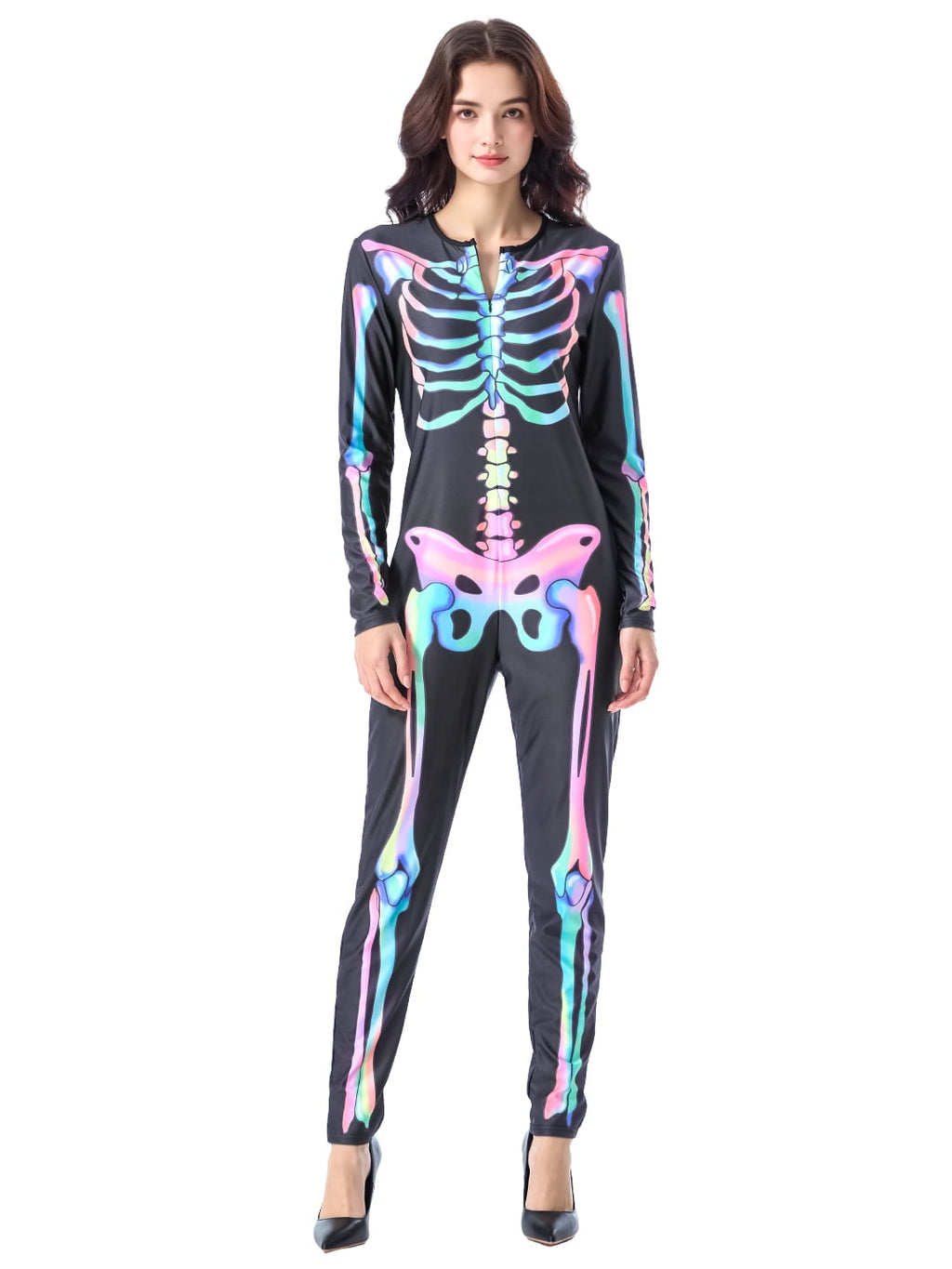 Seasons Women's Halloween Skeleton Costume, Double-Sided Colourful Pattern, Black Light Reactive