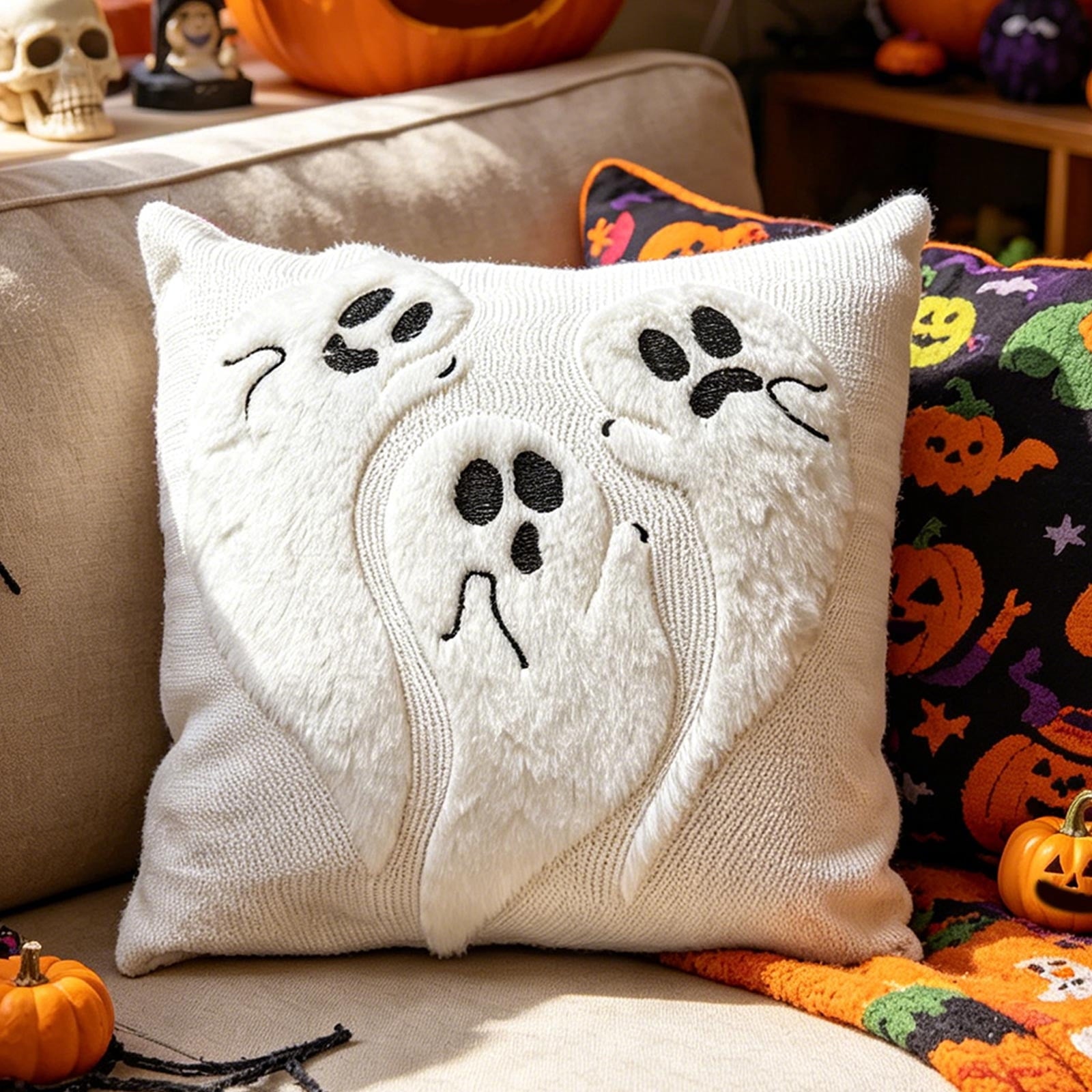 Yeciiwht Halloween Throw Pillow Cover – 18*18inch Embroidered Linen Cushion Case with Ghost, Mummy & Bat Designs, Invisible Zipper, Machine Washable