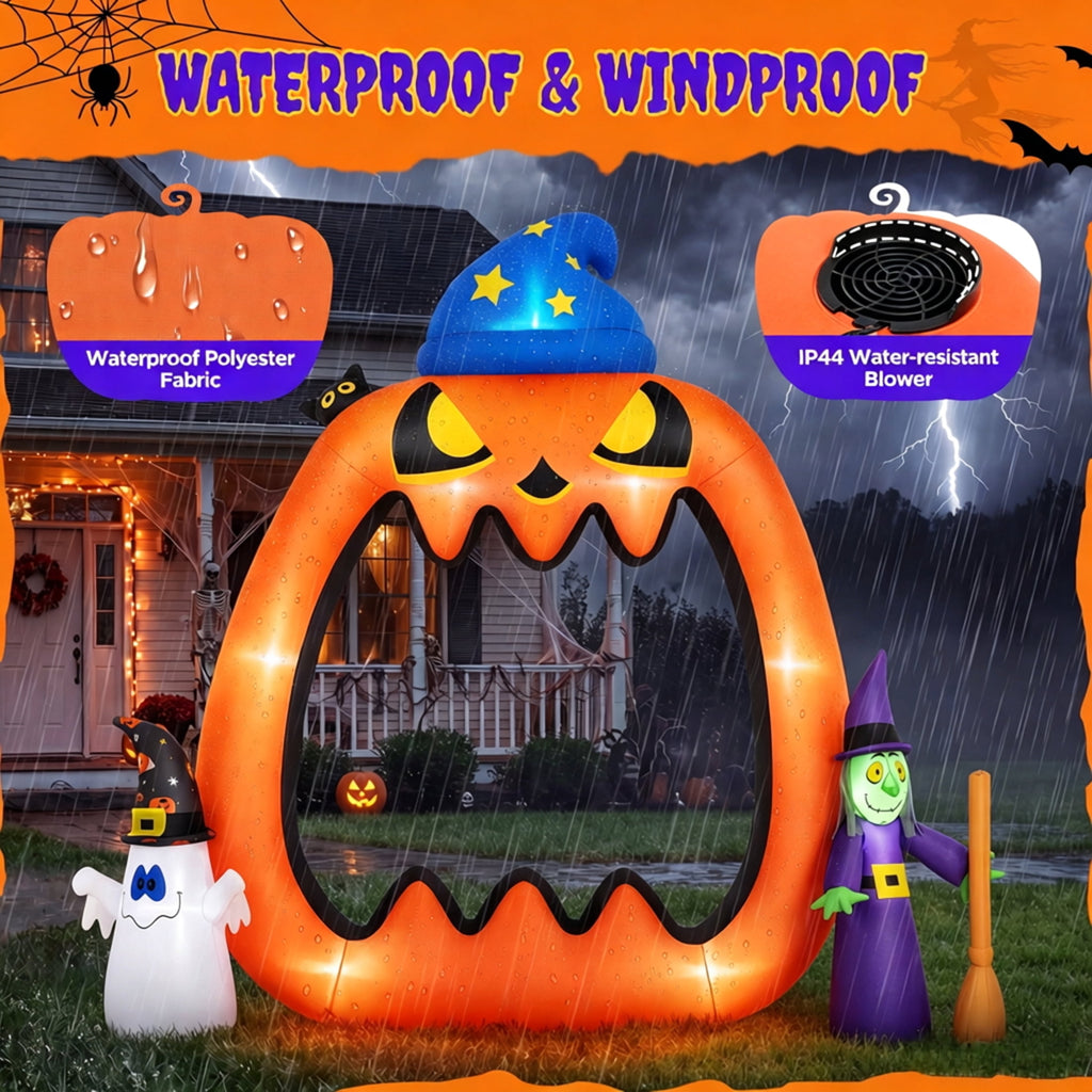 Firstness 8.2ft Halloween Inflatable Pumpkins Photo Door with Ghost Witch Yard Party Outdoor Decorations with LED Lights