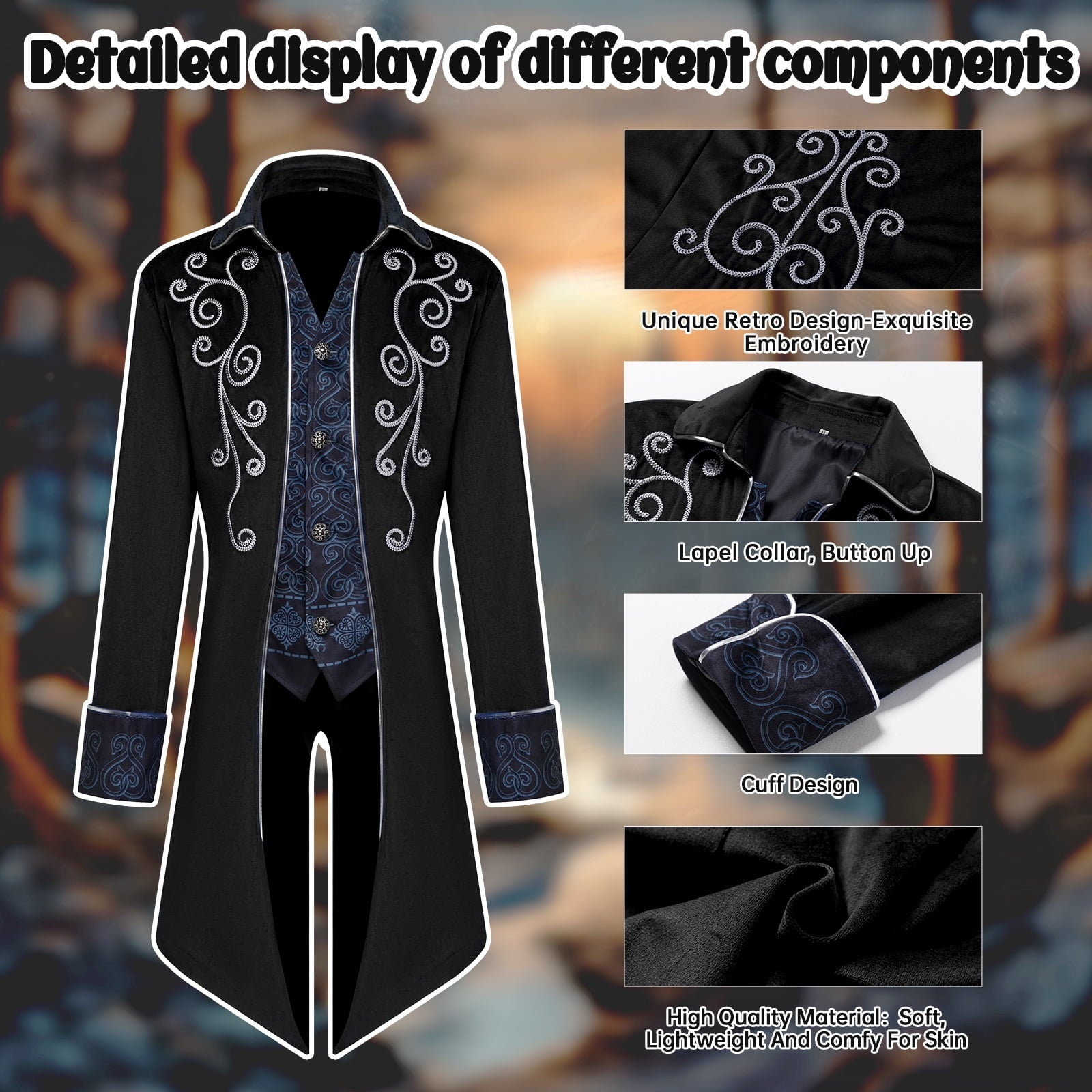 GYQMBT Men Medieval Steampunk Tailcoat Jacket Gothic Victorian Frock Coat Uniform Halloween Party Cosplay Gentleman Costumes, Blue, XL
