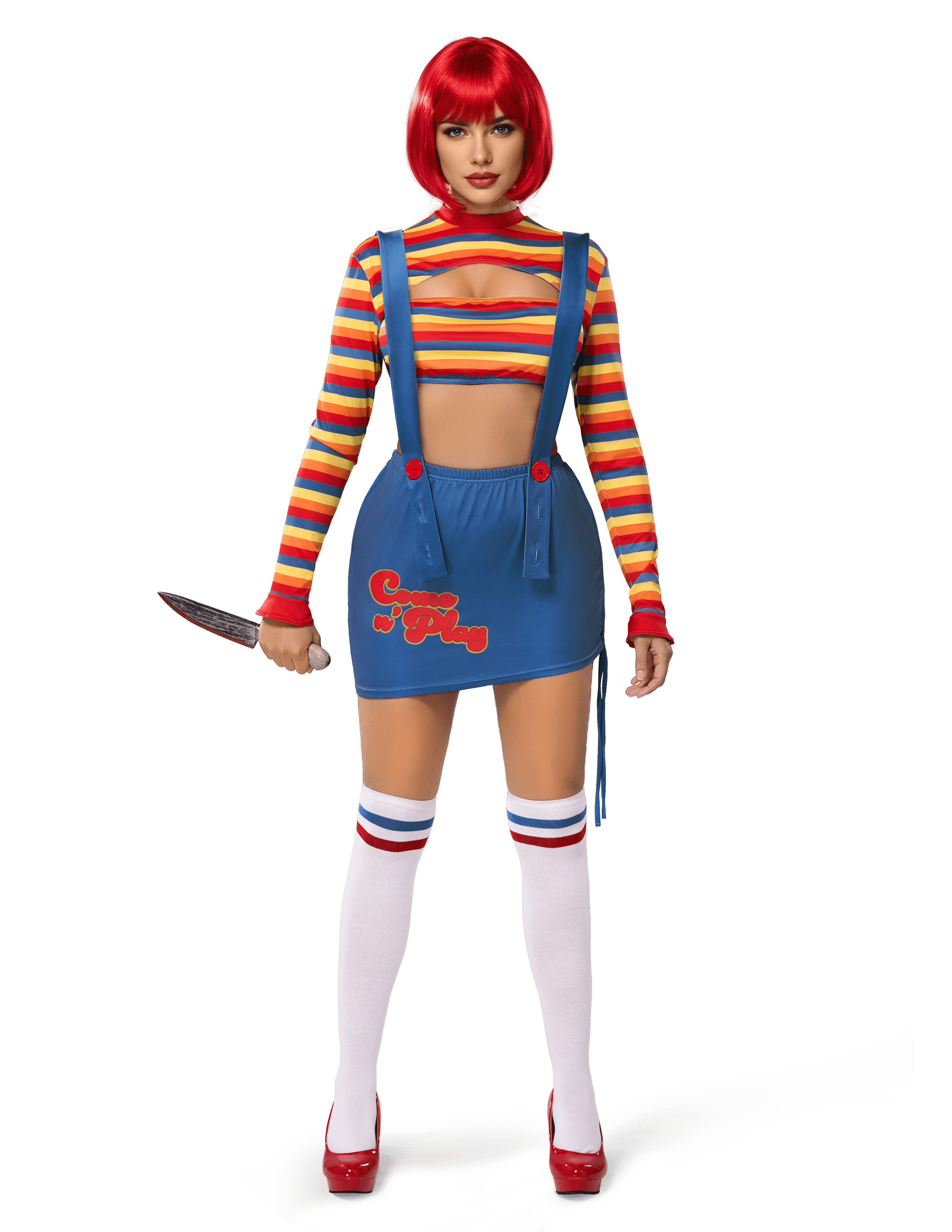 Joyfy Women Killer Doll Costume, Adult Creepy Doll Costume Scary Nightmare Killer Doll Dress for Halloween Costume Party Cosplay