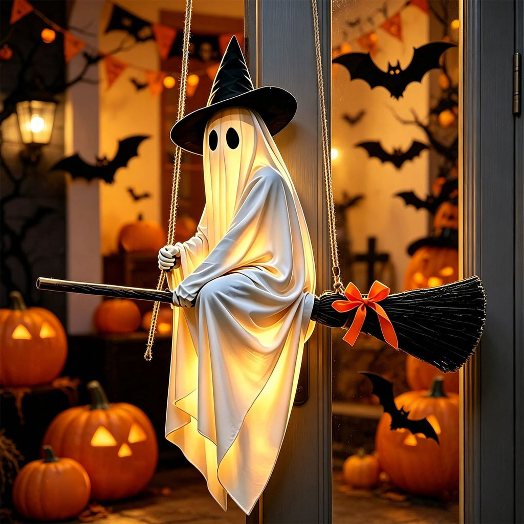Outdoor Halloween Decorations Large Hanging Ghost and Witch Broom with Lights, Spooky and Cute Ghost Decor for the Front Porch, Yard