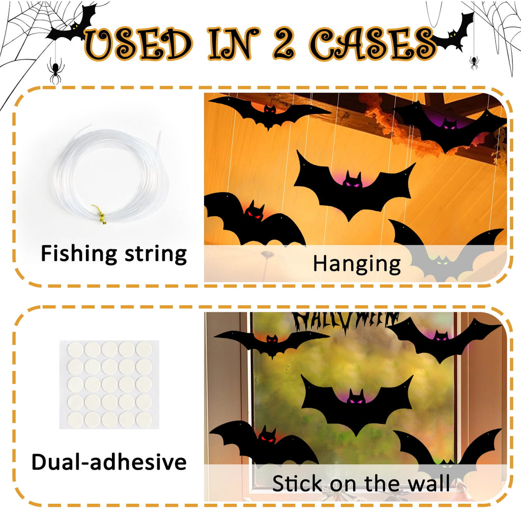 KORALAKIRI 16 Pcs Halloween Hanging Bats Decorations Outdoor, Waterproof Black Bat with Glowing Eyes for Front Door Yard Tree Halloween Hanging Decorations Outside