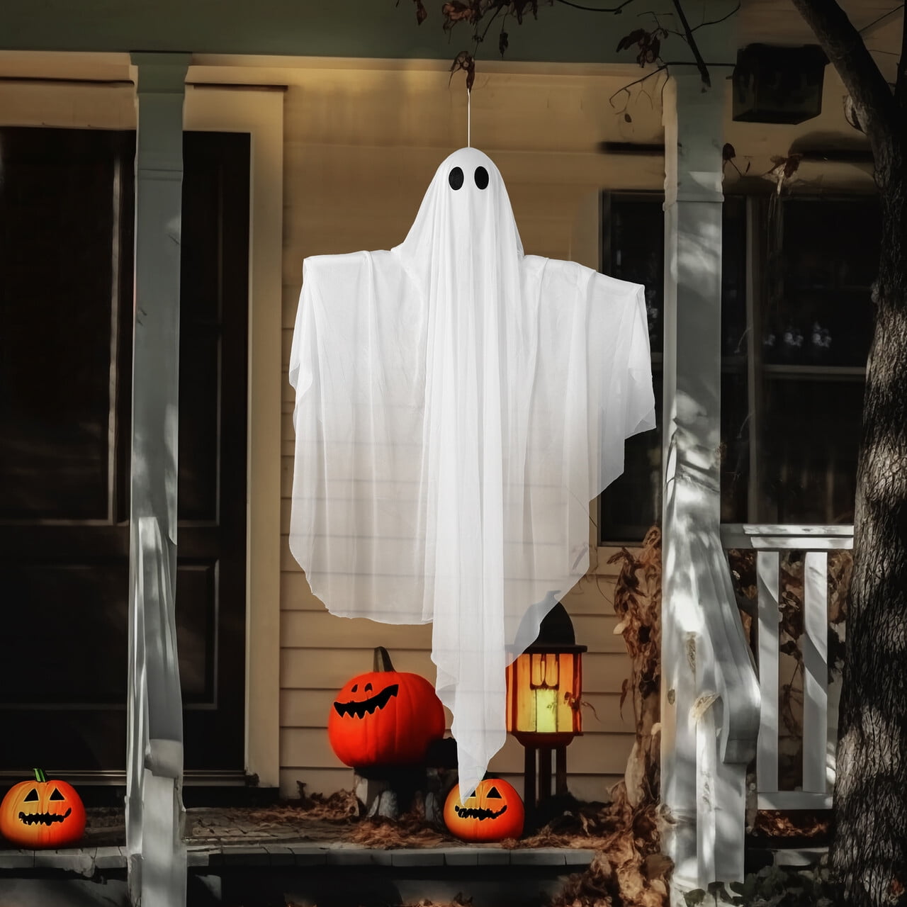 Joyfy 47" Halloween Hanging Light up Ghost Decorations Outdoor,White Ghosts with Blue LED Light and Timer Halloween Hanging Decoration Waterproof for Front Yard Patio Lawn