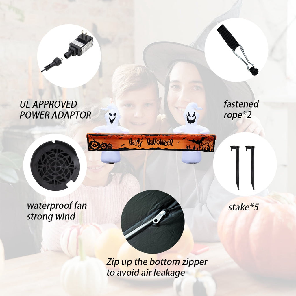 Large Hallowee Inflatable-8FT White Ghosts with Orange Banner Print “Happy Halloween” LED Lights Outdoor Halloween Decorations Blow Up Decoration for Halloween Party, Yard, Garden, Lawn