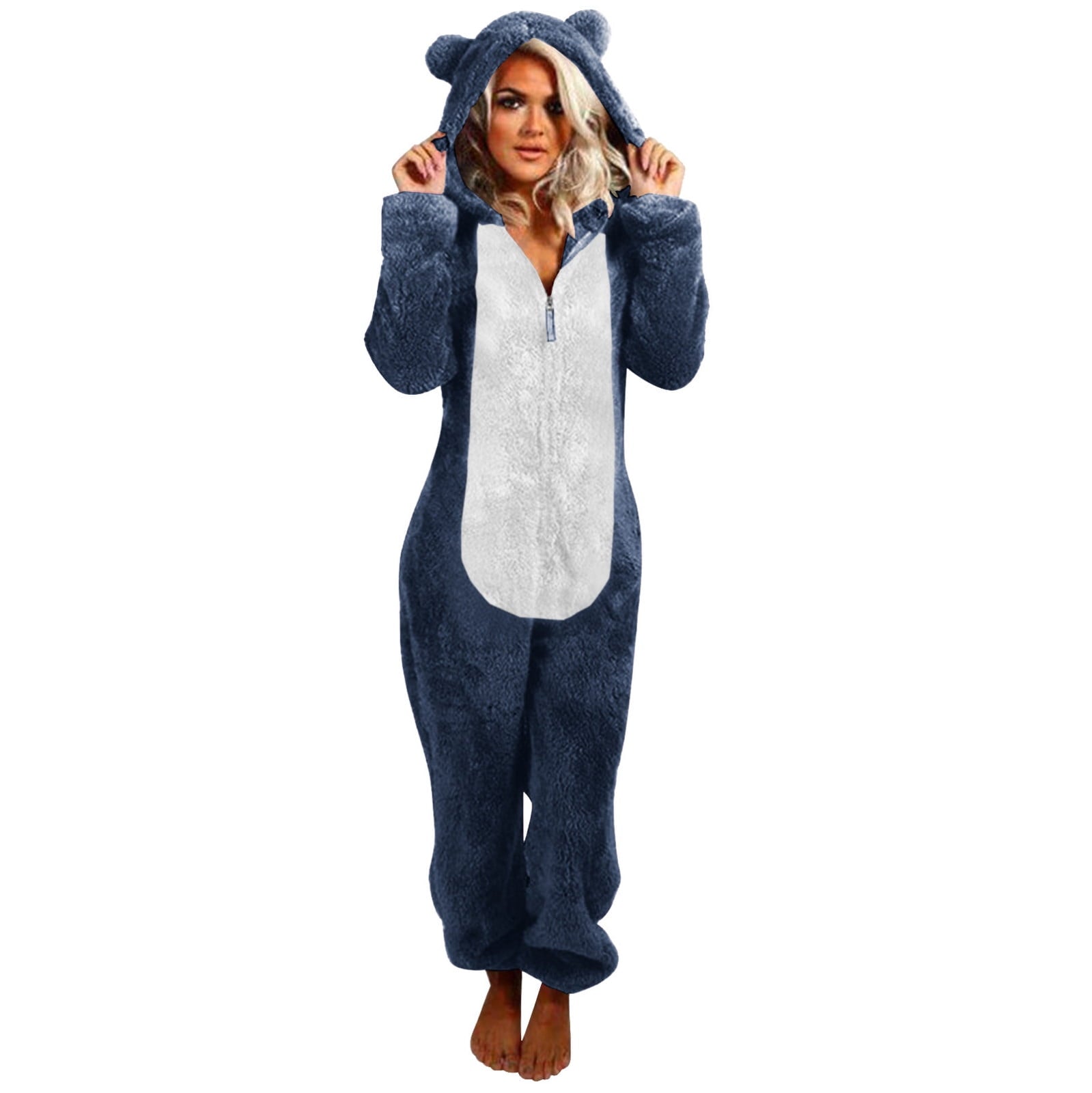 QATAINLAV Sherpa Fleece Jumpsuit for Women Winter Warm Fuzzy Onesie Pajamas Cute Cat Hooded Romper Casual Zip Up Overalls Sleepwear Black XL