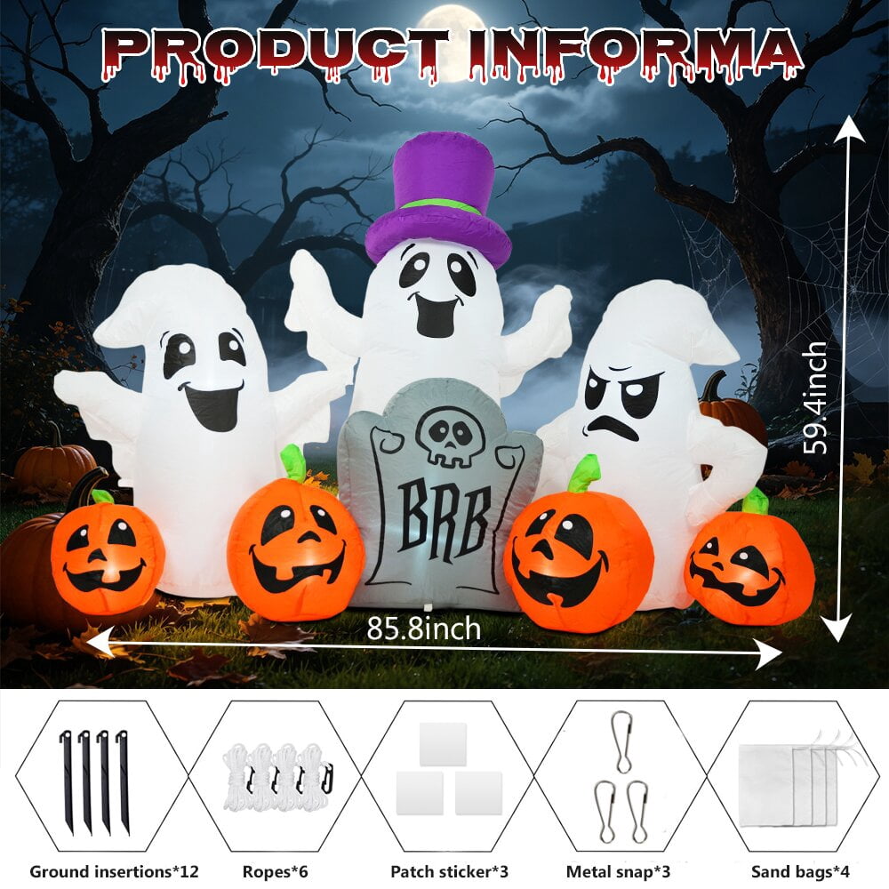 7FT Halloween Inflatable Ghosts Decoration with Pumpkin Tombstone,Blow up Yard Inflatables with Built-in LED Lights for Halloween Decoration,Halloween Party,Lawn,Garden