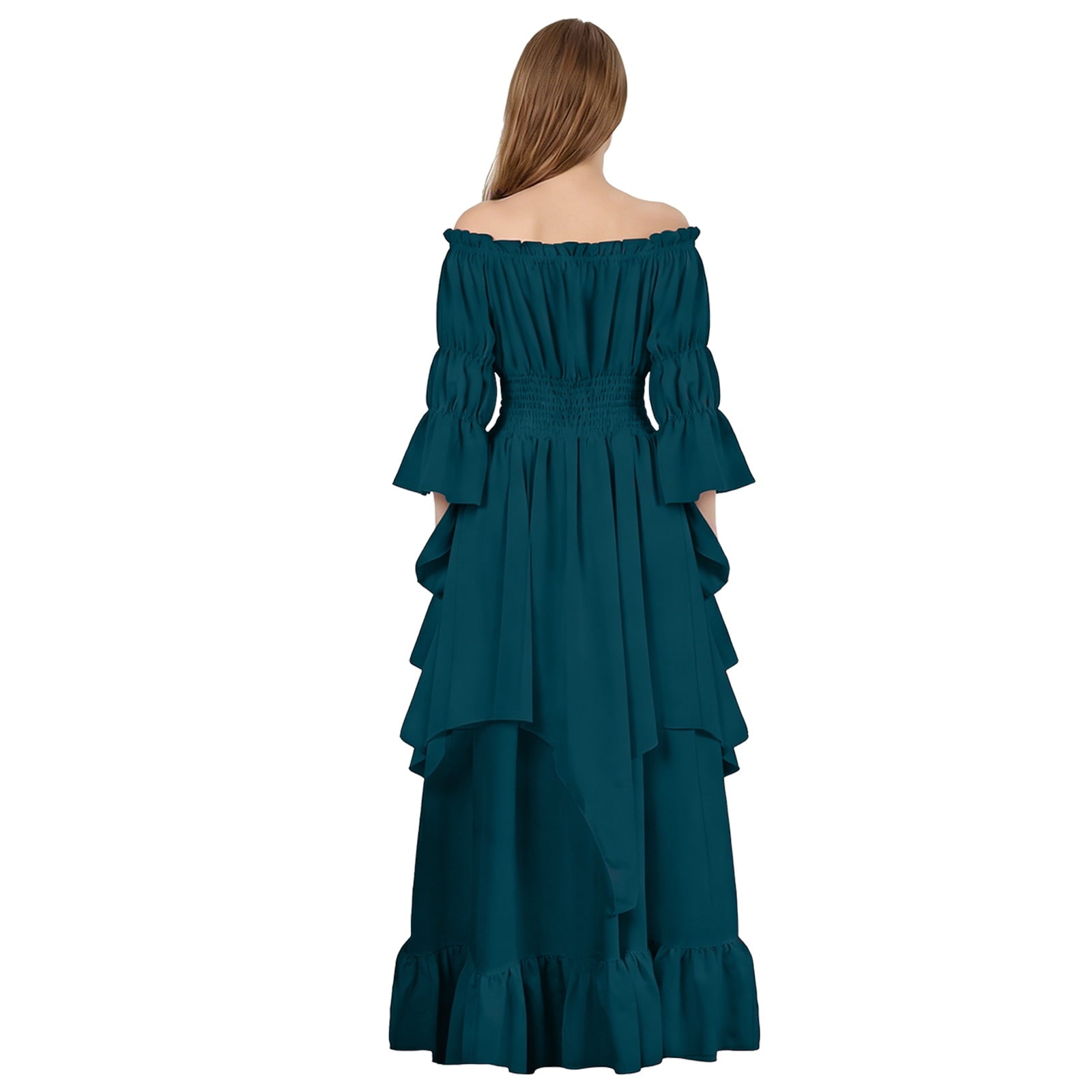IROOZIGOTO Womens White Medieval Renaissance Maxi Dress Off Shoulder Long Flare Sleeve with Brown Lace Up Corset Belt Halloween Cosplay Costume