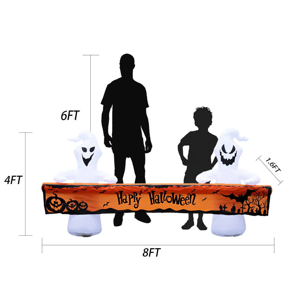 Large Hallowee Inflatable-8FT White Ghosts with Orange Banner Print “Happy Halloween” LED Lights Outdoor Halloween Decorations Blow Up Decoration for Halloween Party, Yard, Garden, Lawn