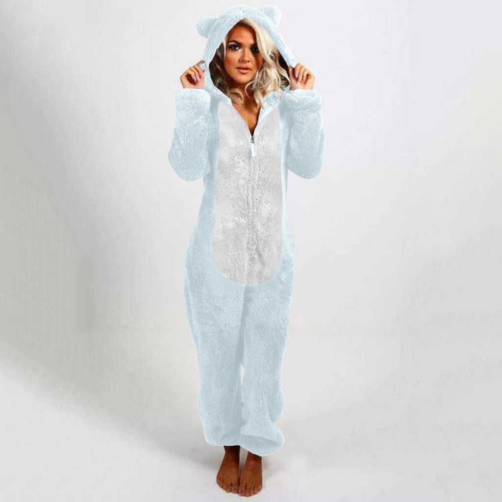 QATAINLAV Sherpa Fleece Jumpsuit for Women Winter Warm Fuzzy Onesie Pajamas Cute Cat Hooded Romper Casual Zip Up Overalls Sleepwear Black XL
