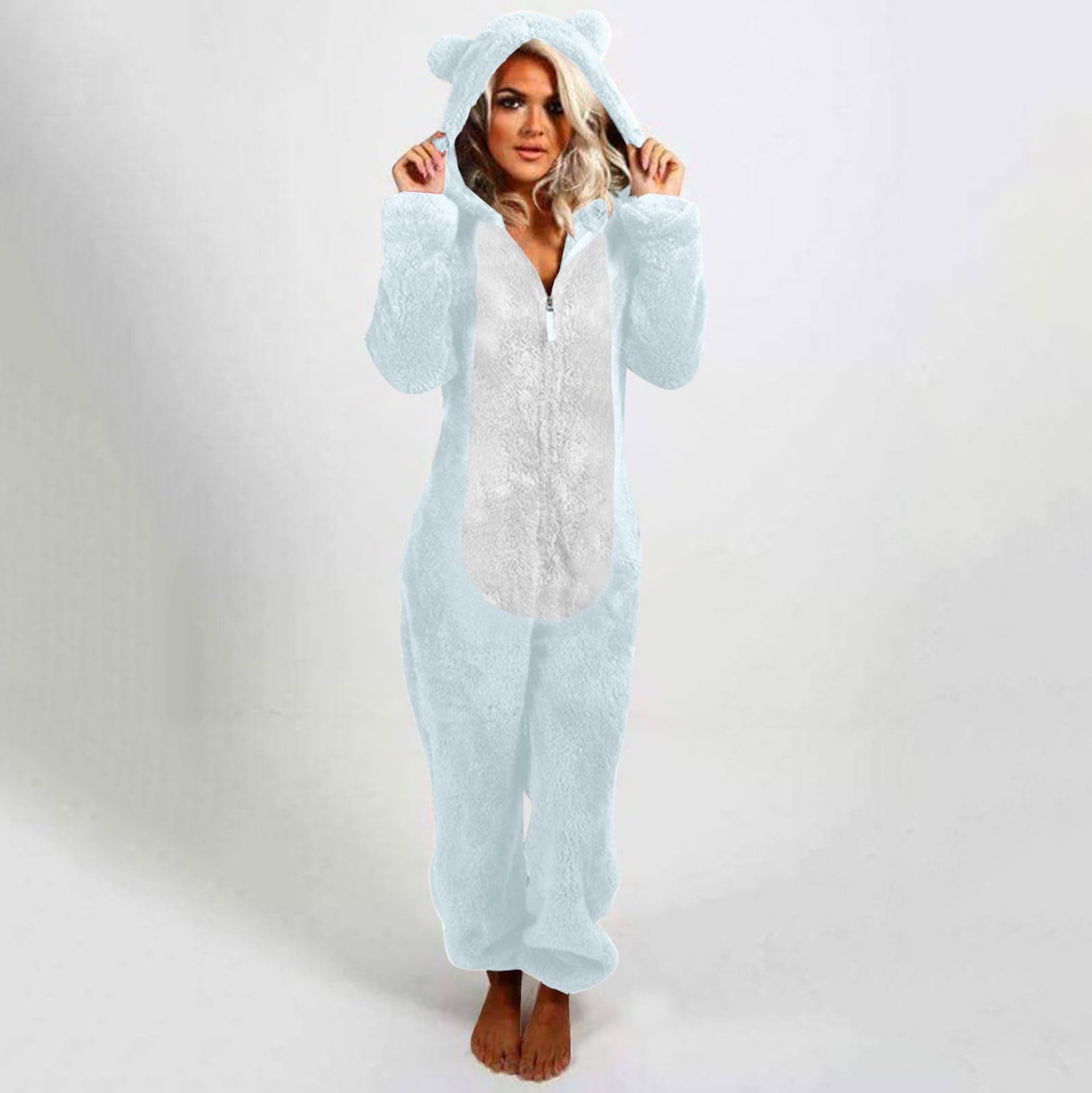 QATAINLAV Sherpa Fleece Jumpsuit for Women Winter Warm Fuzzy Onesie Pajamas Cute Cat Hooded Romper Casual Zip Up Overalls Sleepwear Black XL